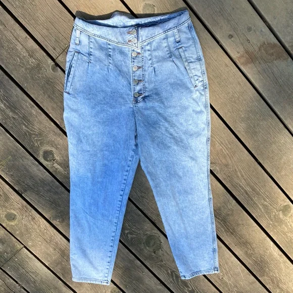 Jeans EXPRESS Retro SUPER HIGH WAIST TAPERED LEG Acid Wash Blue Vintage Size 10 - Picture 3 of 11
